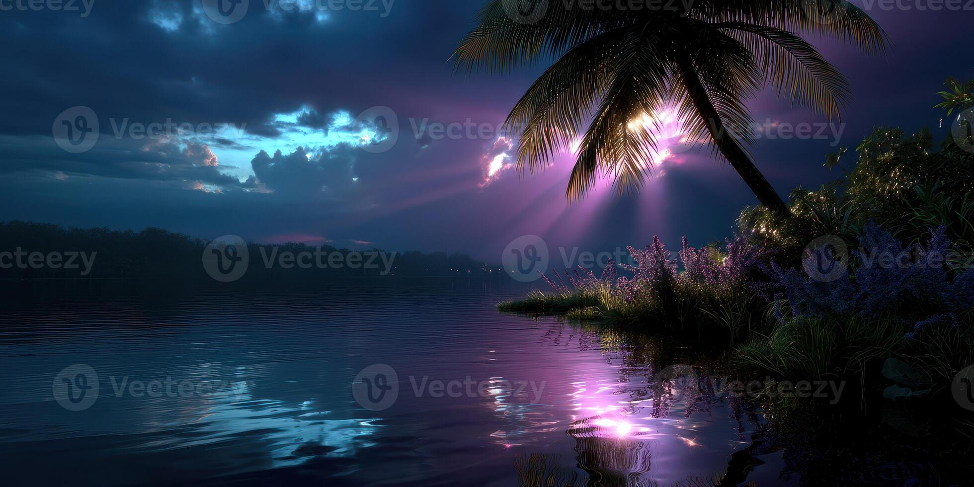 Beautiful tropical sunset lighting up the serene lake with palm tree reflections and vibrant colors photo