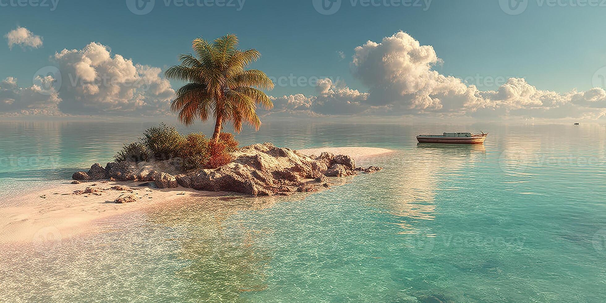 Serene island with palm tree and calm waters under a blue sky at sunset photo