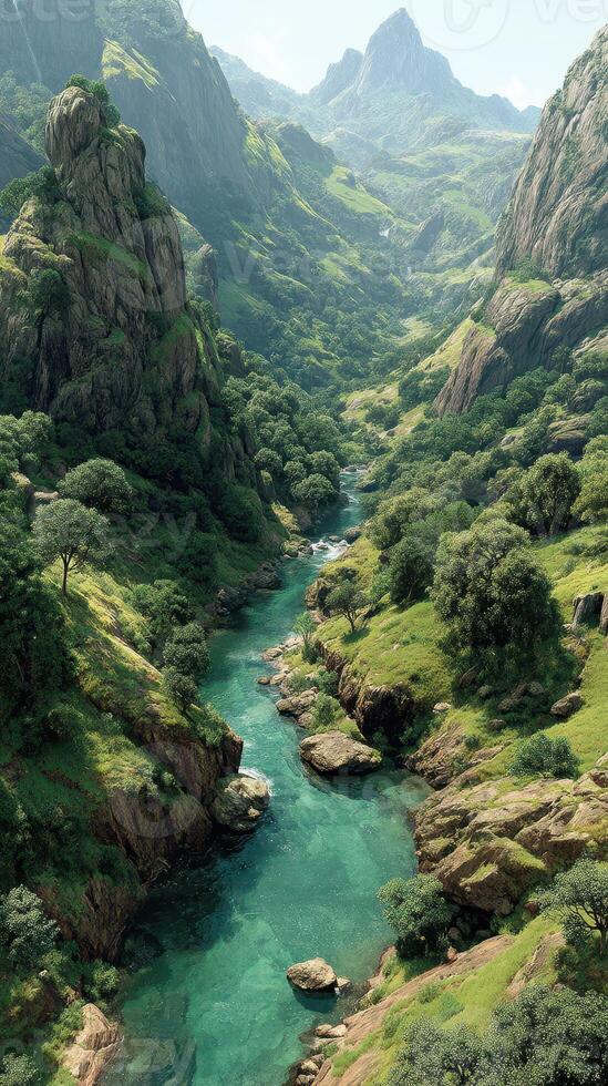 Majestic river flows through lush valleys and rocky hills in a serene landscape photo