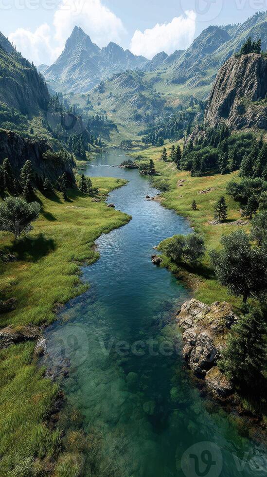 Breathtaking river flowing through a valley surrounded by majestic mountains and lush greenery on a sunny day photo