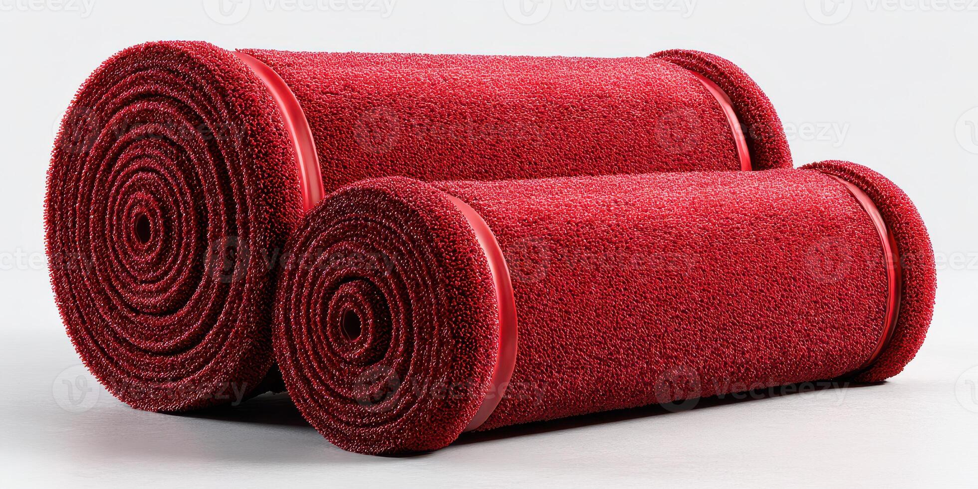 Rolled red carpet placed neatly on a white background showcasing its texture and vibrant color for an event or presentation setup photo