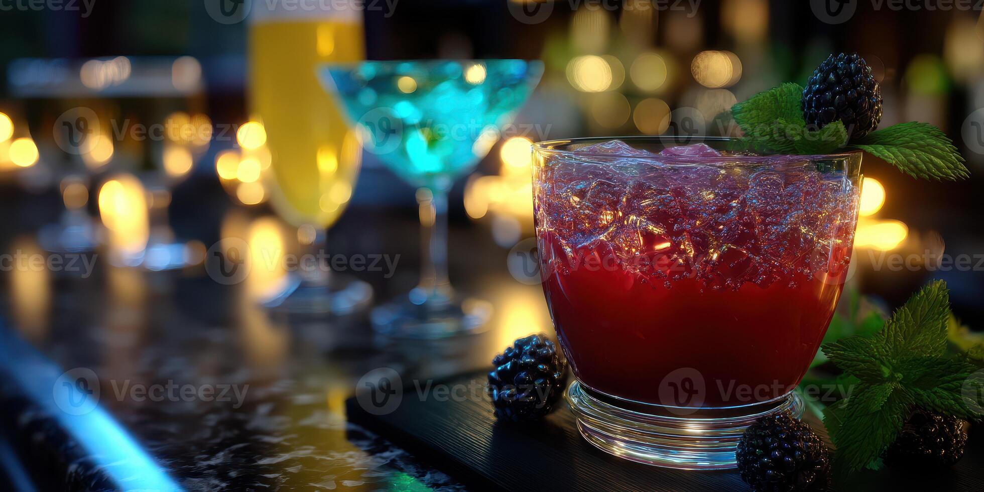Colorful cocktails served at a lively bar with soft lighting and a refreshing atmosphere in the evening photo