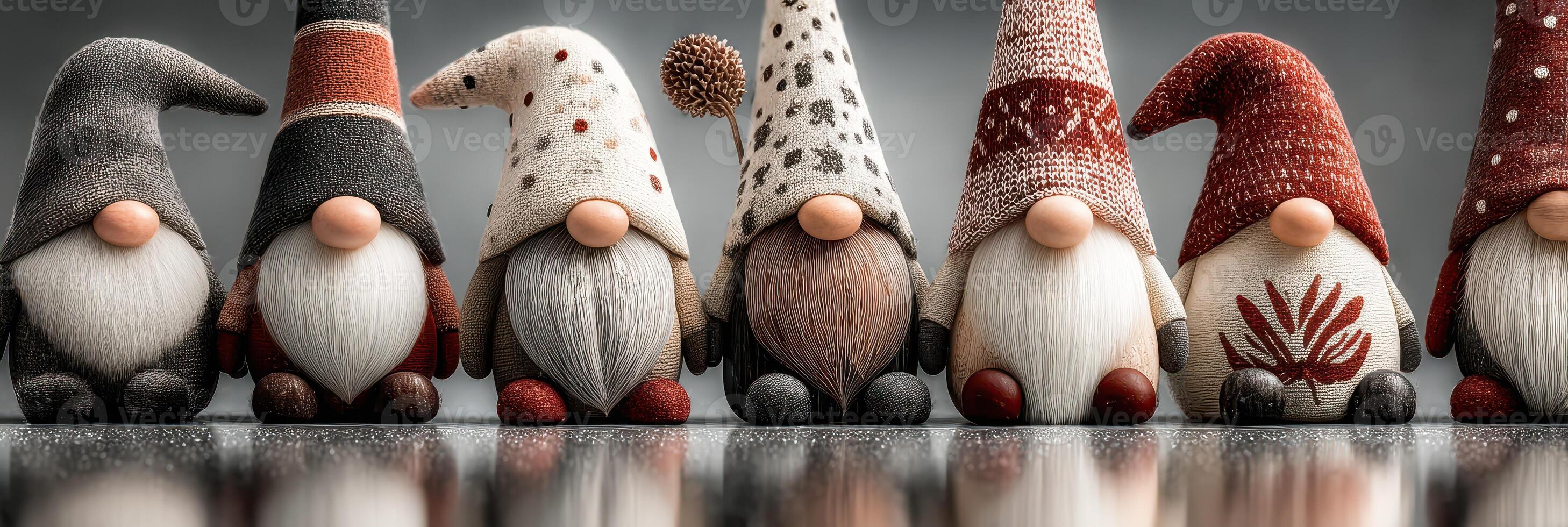 Colorful gnomes lined up on a reflective surface in a cozy indoor setting during the festive season photo