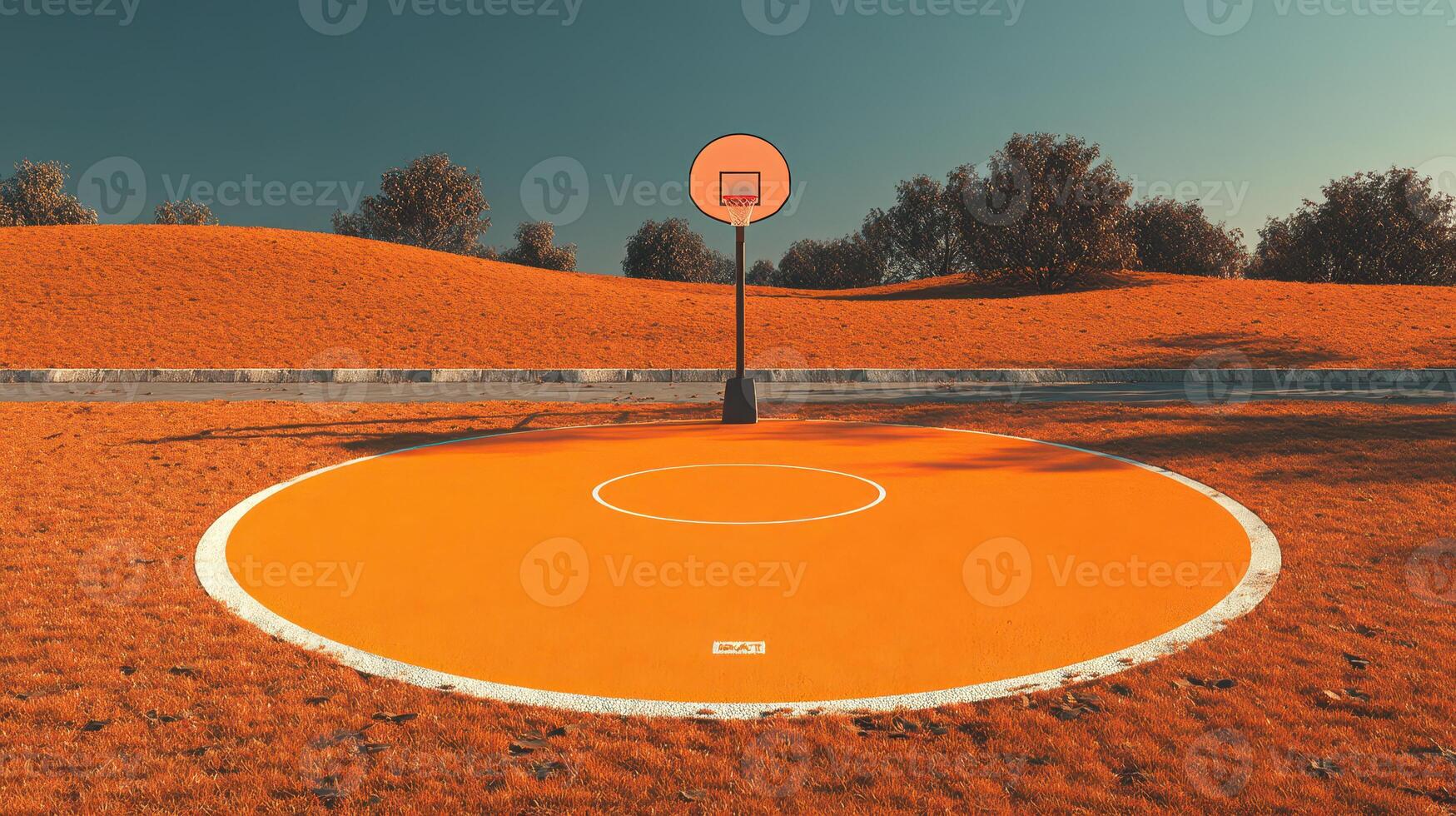 Vibrant orange basketball court amid serene landscape under clear sky at sunset photo
