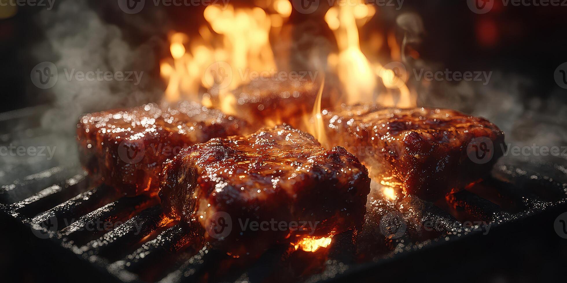 Grilling savory meat cuts over open flames during a barbecue cookout at sunset in an outdoor setting photo