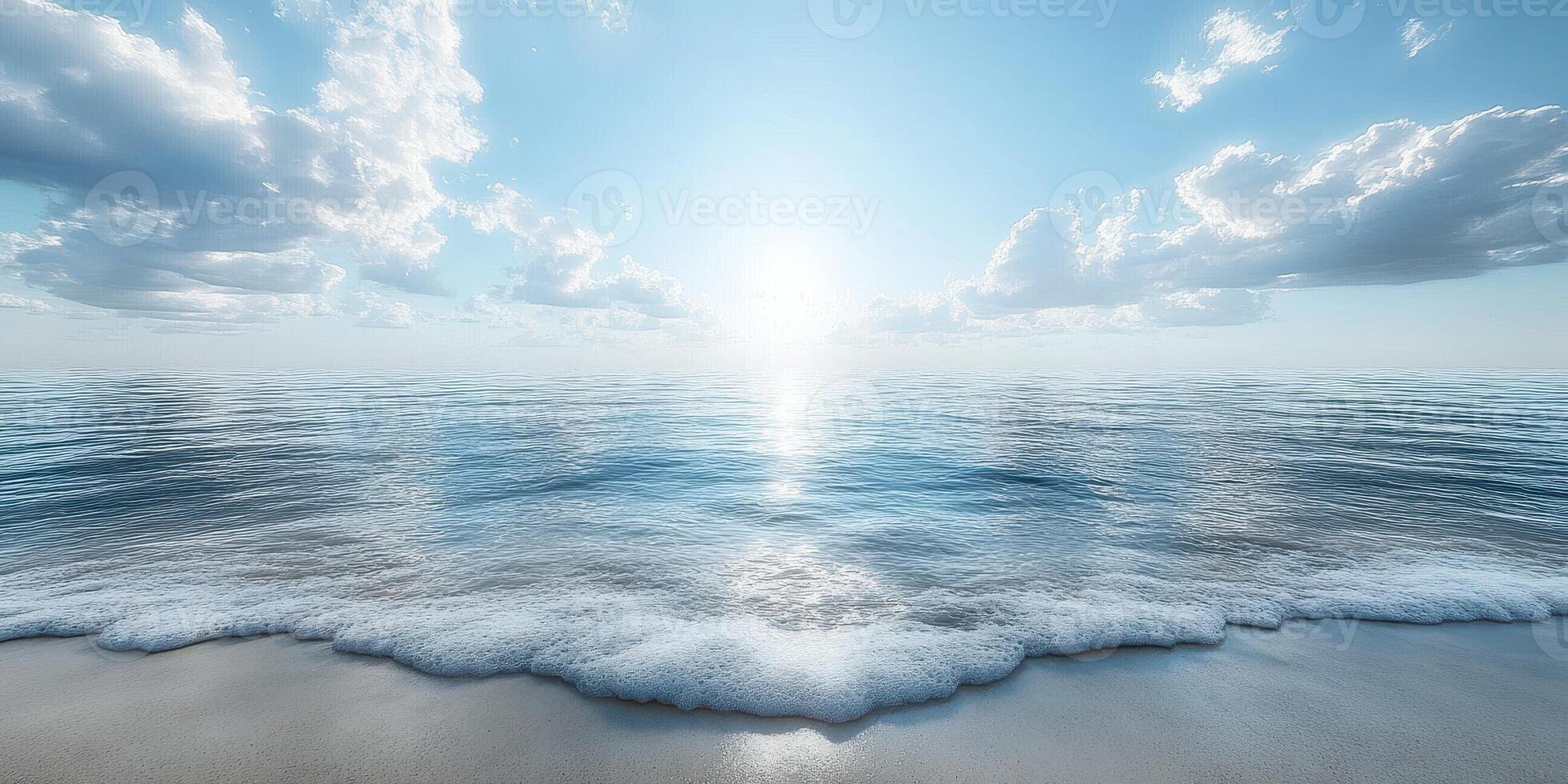Sunrise over calm ocean waters with soft waves gently lapping at the sandy shore photo