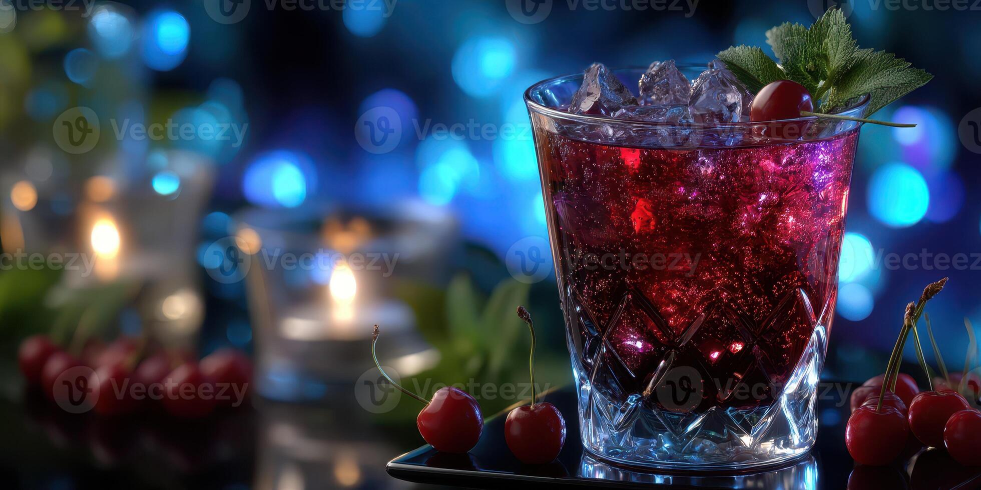 Refreshing cocktail garnished with cherries and mint on a table with ambient lighting in the evening photo