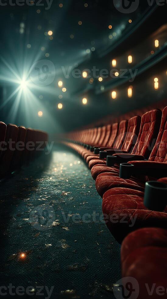 Rows of empty red theater seats illuminated by a spotlight in a quiet cinema atmosphere during a late-night screening photo