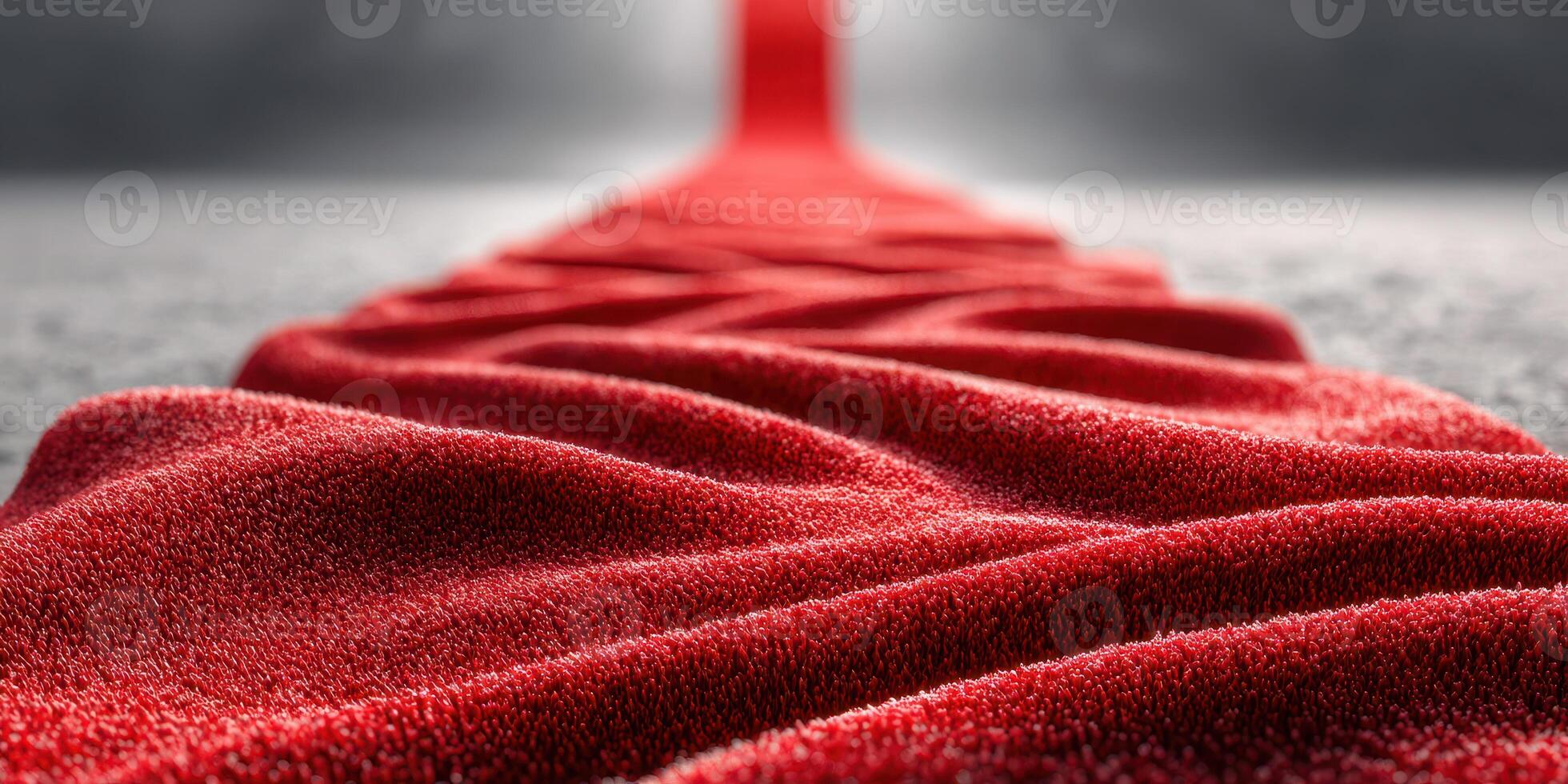 Stunning display of a red velvet fabric elegantly draped on a grey surface in soft lighting showcasing texture and depth photo