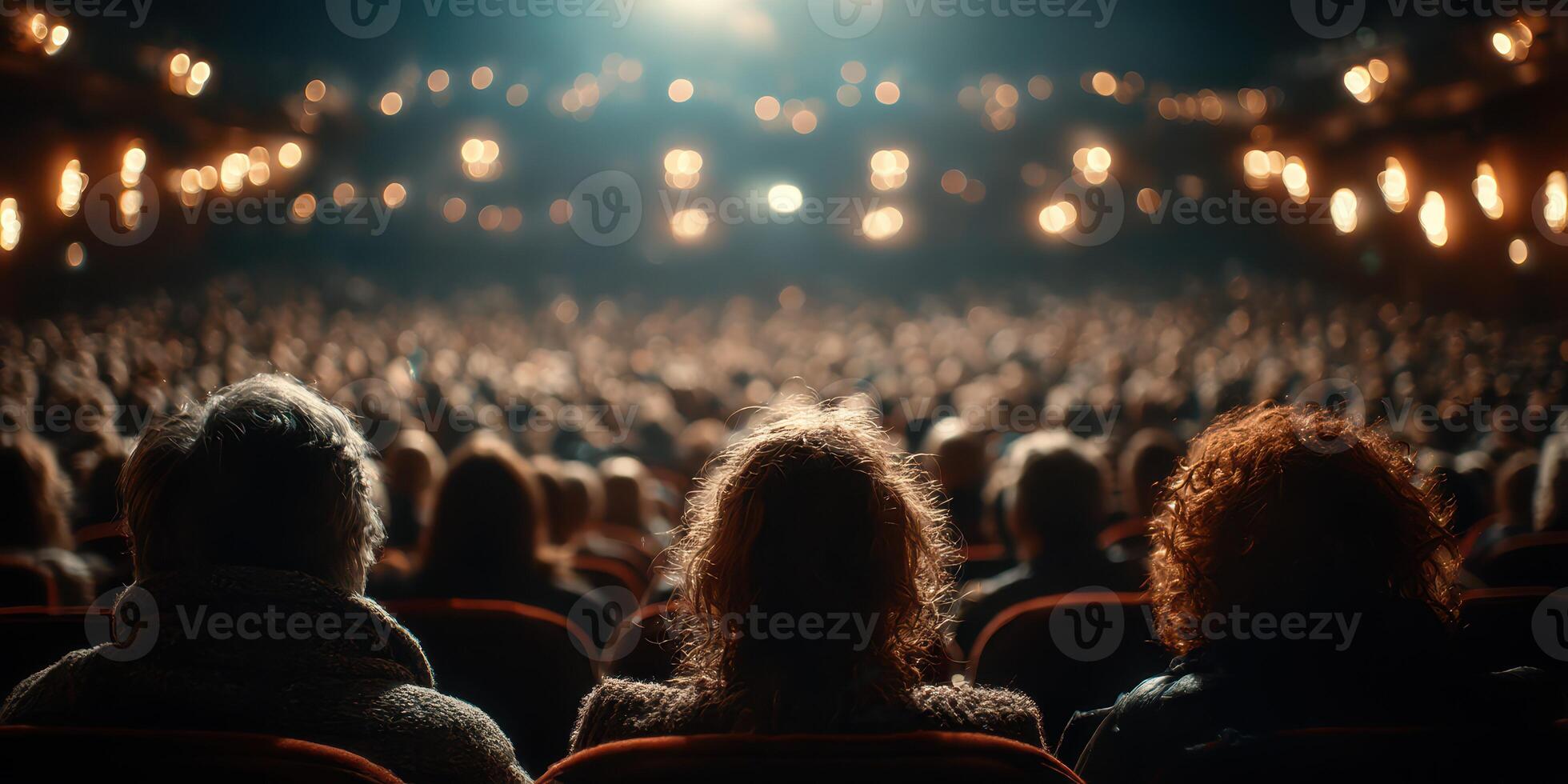 Crowd of excited theatergoers awaiting performance at a nighttime show photo