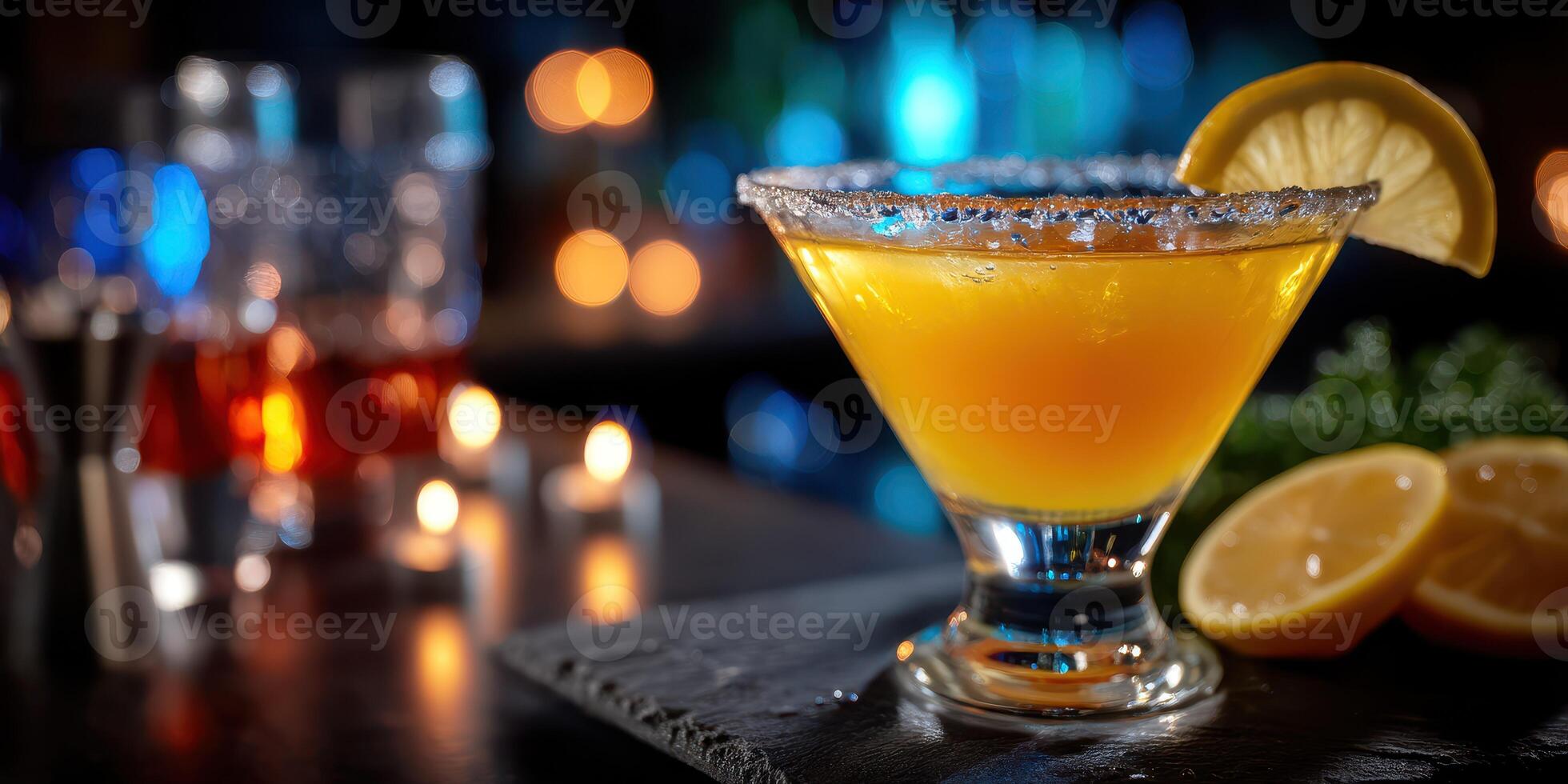 Bright citrus cocktail served in a stylish glass with lemon garnish in a vibrant bar setting photo