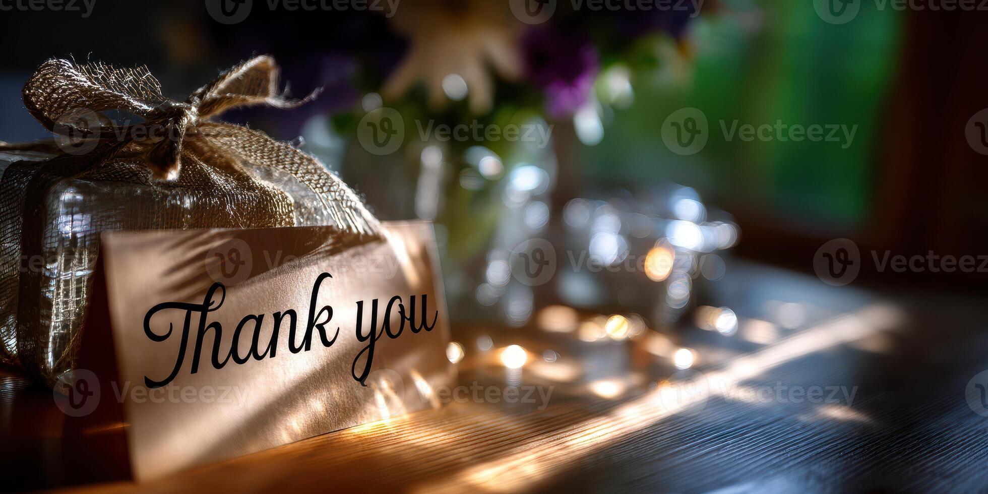 Elegant thank you note with gift and soft lighting in a cozy indoor setting photo