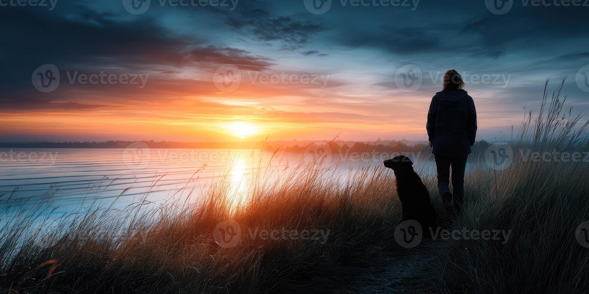 Person and dog enjoy a serene sunset walk by the water's edge photo