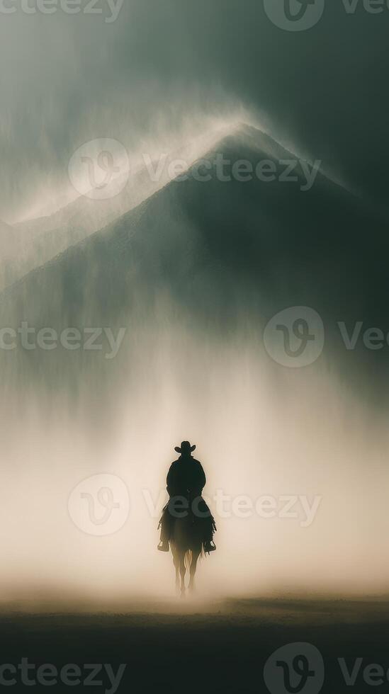 Cowboy rides through foggy landscape with mountains in background during early morning hours photo