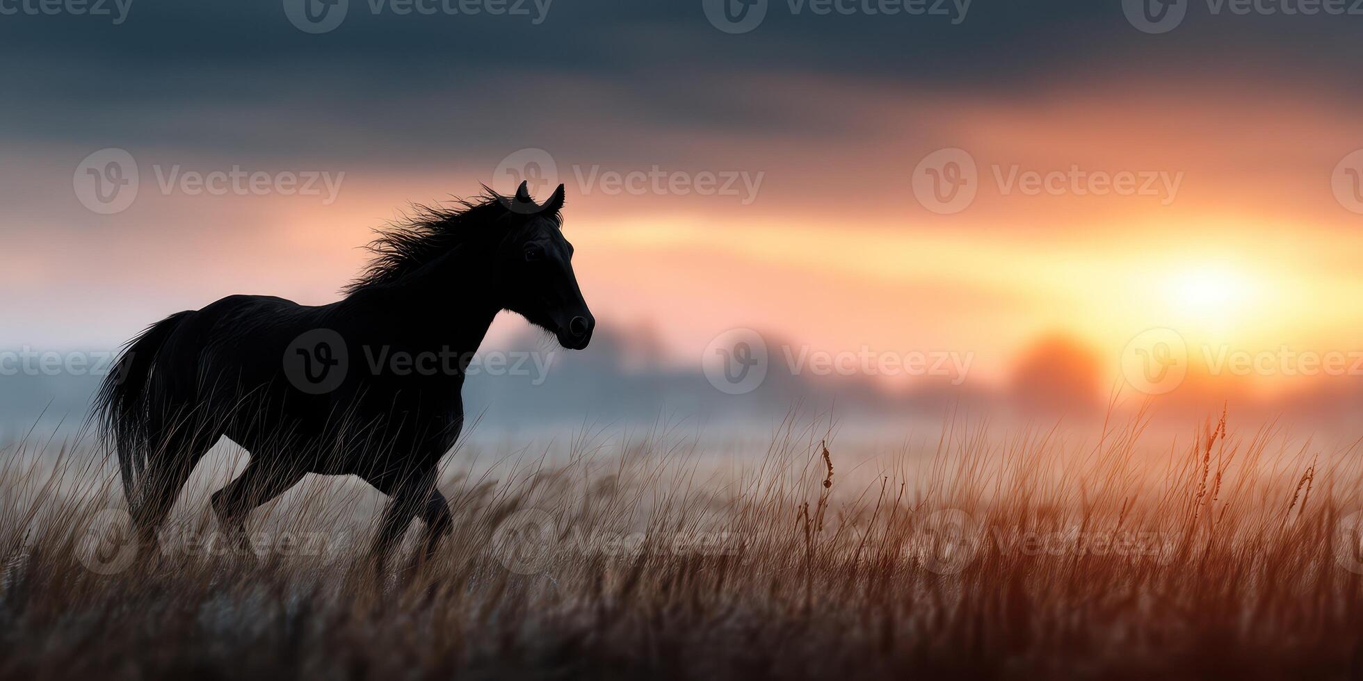 Silhouetted horse galloping through open field at sunset against a dramatic sky photo