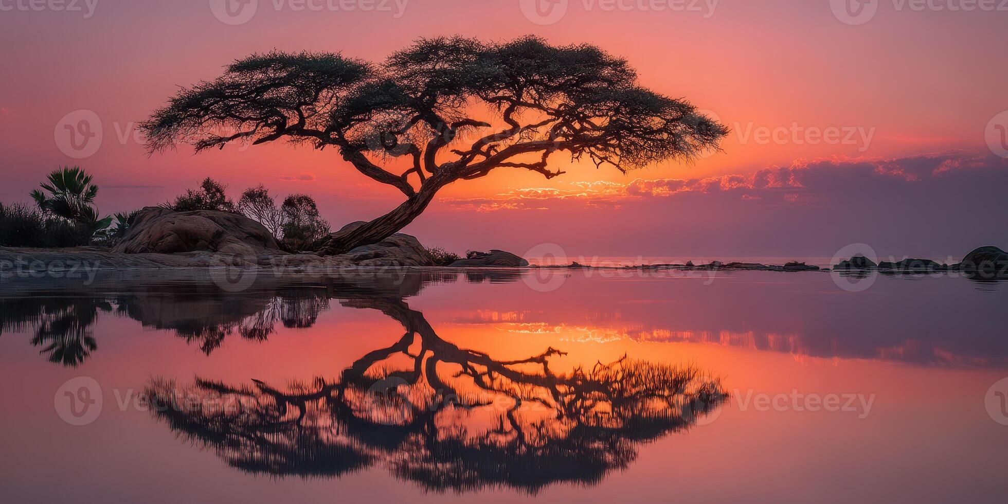 Sunset casts vibrant colors over tranquil waters with silhouetted tree reflecting in calm lake photo