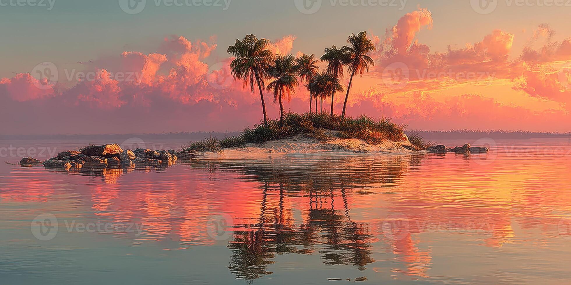 Vibrant sunset reflecting on tranquil waters near a tropical island with palms and rocks photo