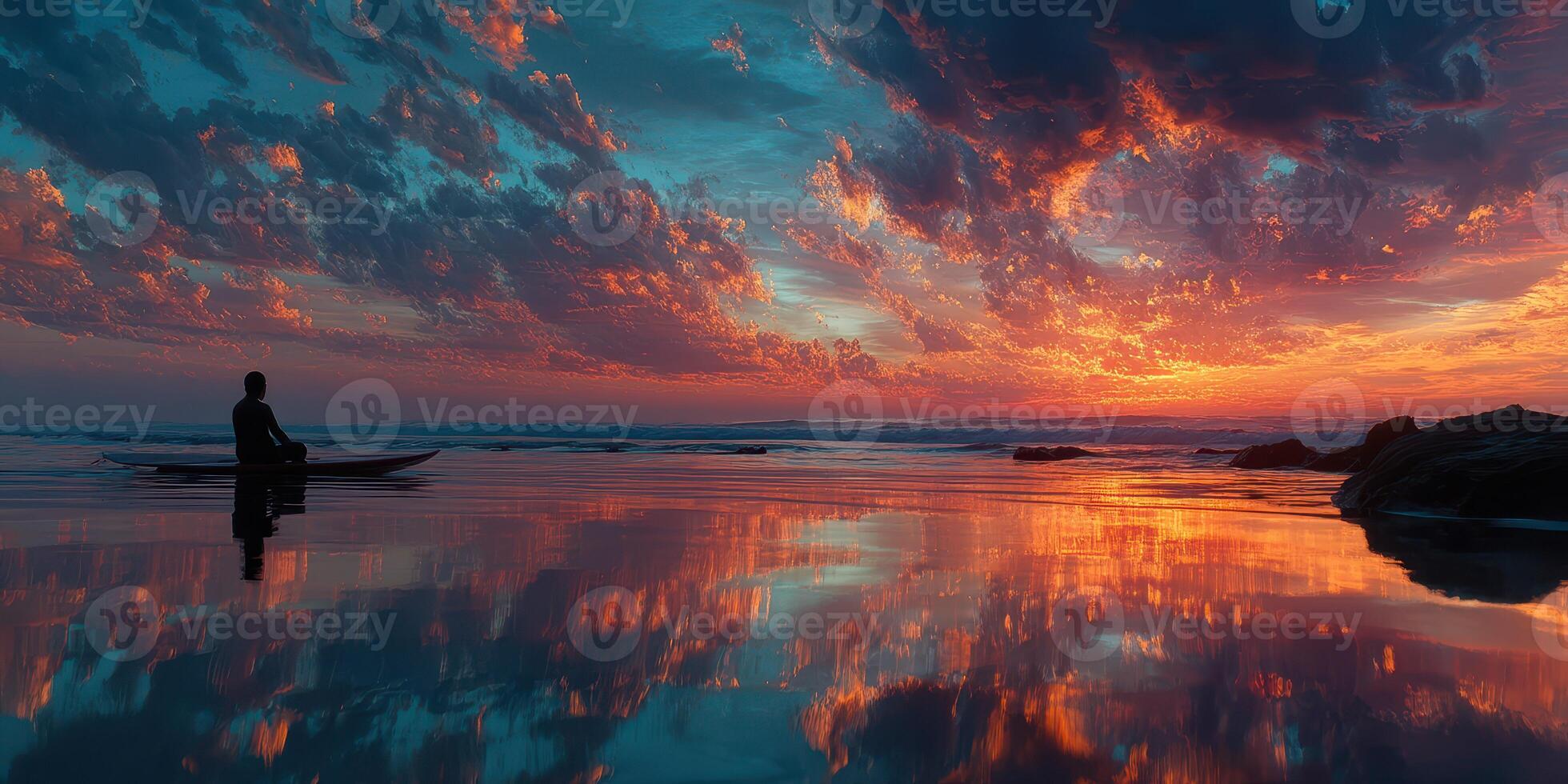 Vibrant sunset reflection over the tranquil sea with a solitary figure in a boat at an ocean beach photo