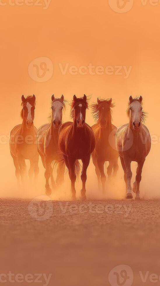 Horses gallop through dusty desert at sunset creating a stunning silhouette against the warm orange sky photo