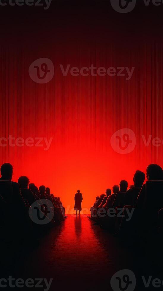 Audience captivated by a speaker under dramatic red lighting in a dimly lit theater setting during an engaging presentation photo