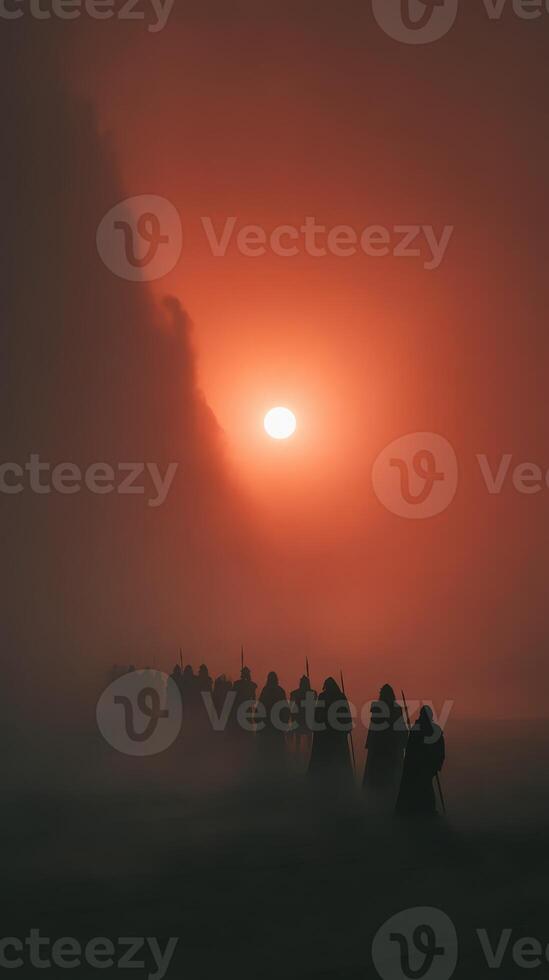 Mysterious figures walking towards the setting sun in a foggy landscape at dusk photo