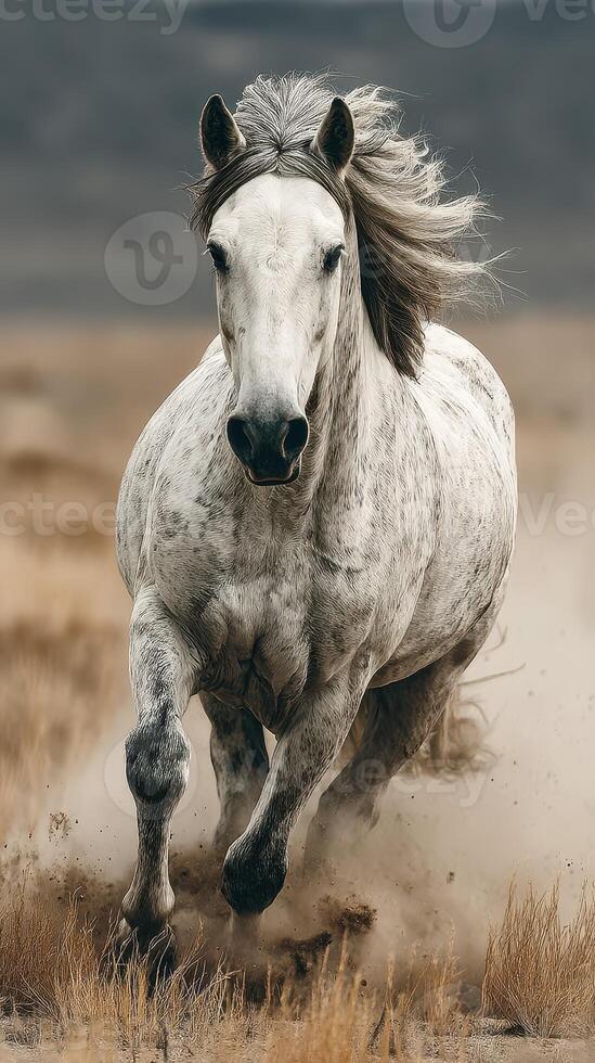 Majestic white horse runs freely across a vast field with dust swirling around its hooves during golden hour photo