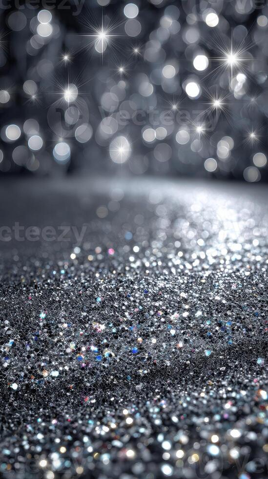 Sparkling silver glitter on a dark background with shimmering bokeh lights creating a festive atmosphere photo