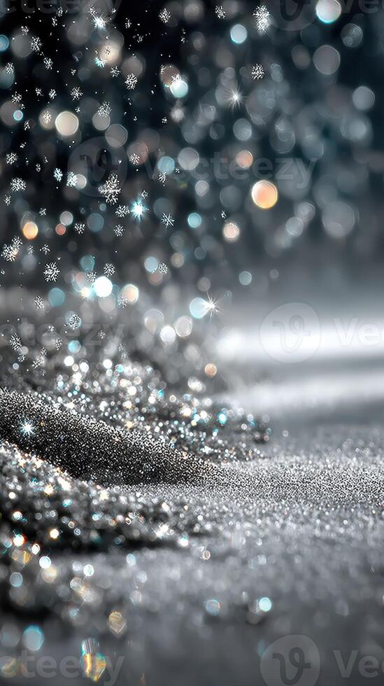 Snowflakes gently fall on sparkling silver ground, creating a magical winter atmosphere during a serene night photo