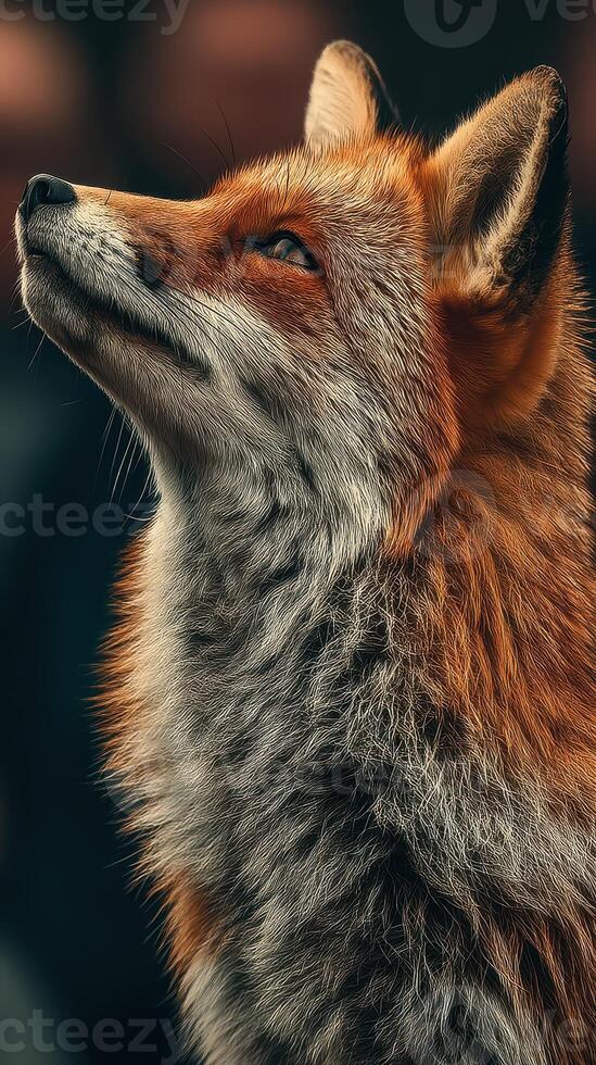 Majestic red fox with detailed fur coat at twilight in a forest setting photo