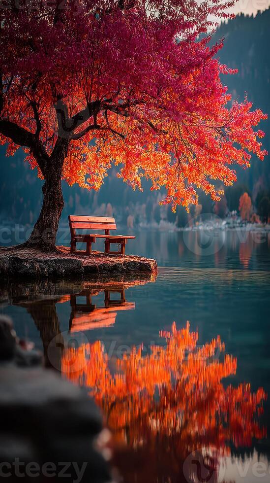 Serene autumn lakeside view with vibrant red tree and wooden bench at sunrise photo