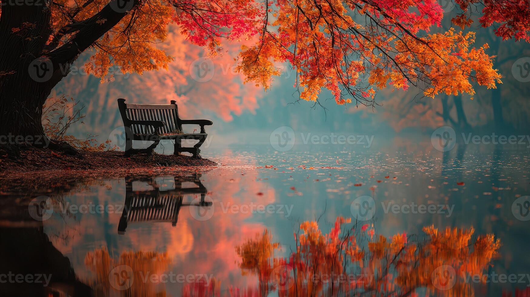 Serene lakeside view with colorful autumn foliage and a wooden bench at sunset photo