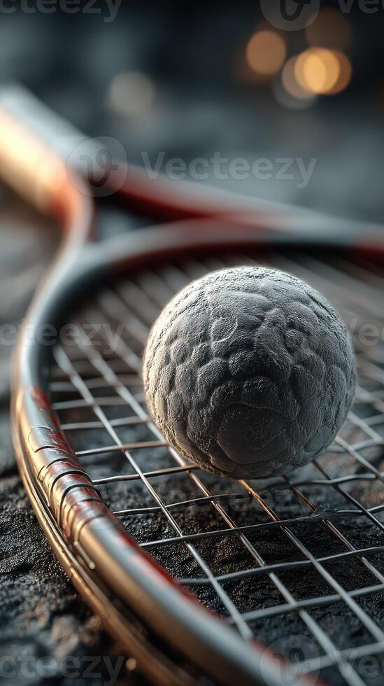 Close up of a tennis ball resting on the strings of a racquet with blurred background lights photo