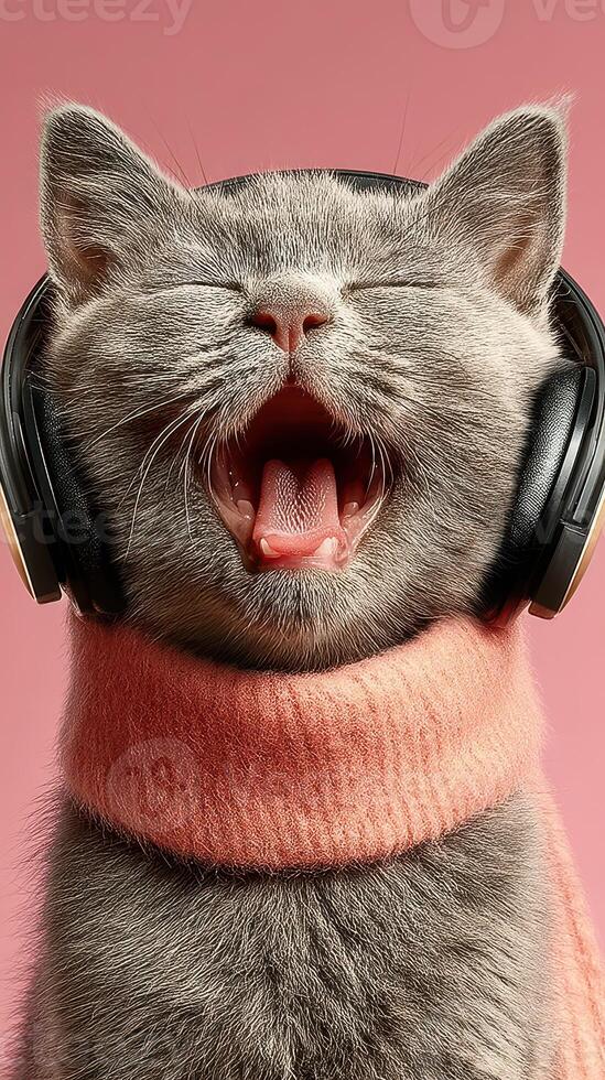 Gray cat wearing headphones yawns while relaxing against a pink background during a cozy afternoon at home photo