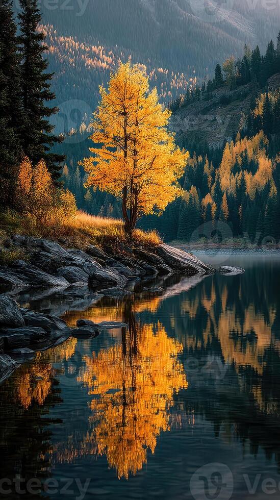 Majestic autumn scene with golden tree reflecting in tranquil lake surrounded by mountains photo