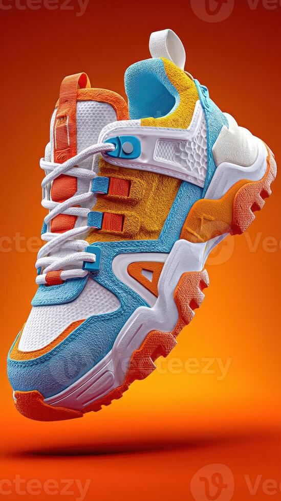 Brightly colored sneaker with unique design floating against an orange background photo