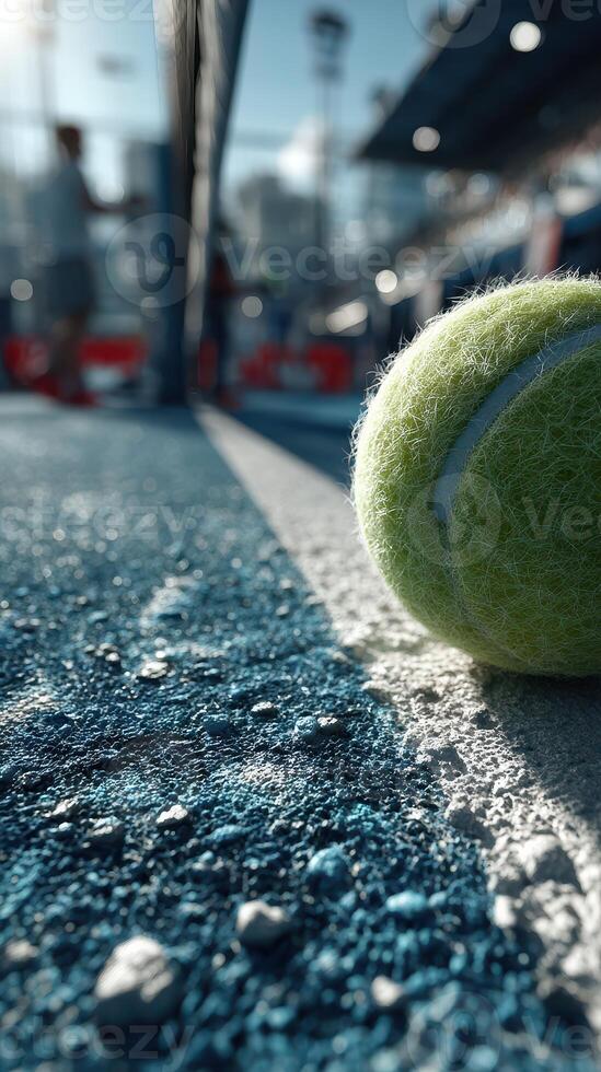 Tennis ball rests on court surface during a sunny day at a tournament, capturing the excitement of the match ahead photo
