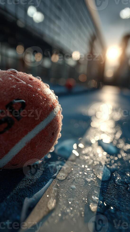 Basketball resting on wet court after rain with sunset in the background photo
