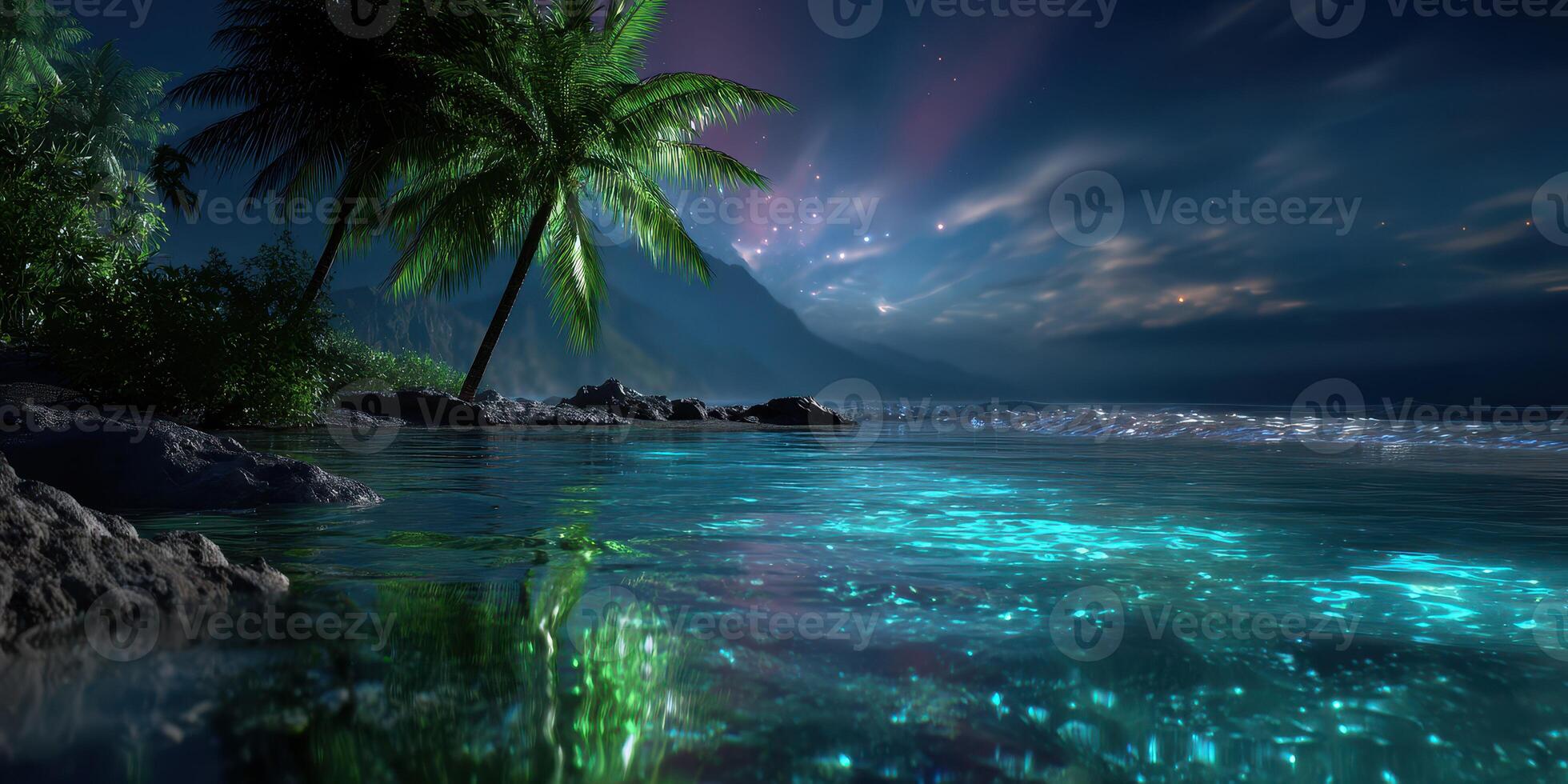 Nighttime view of glowing waters and palm trees under starry sky near coastal mountains in a tropical paradise photo