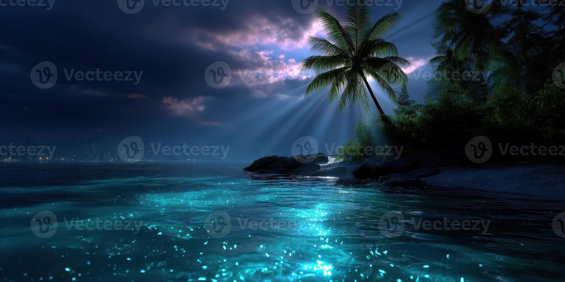 Serene night by the beach with shimmering water and illuminated palm trees under a starlit sky photo