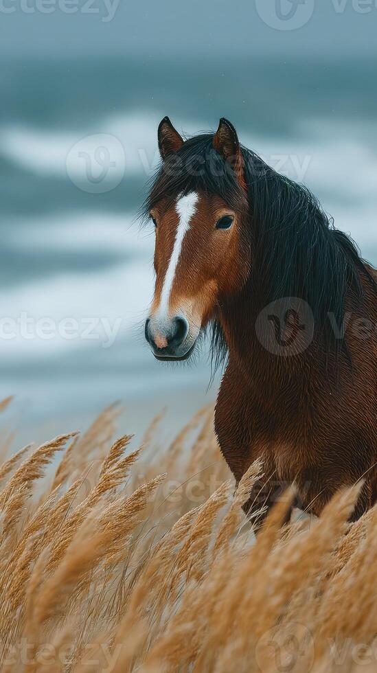 Majestic horse standing among tall grass with ocean waves in the background on a cloudy day photo