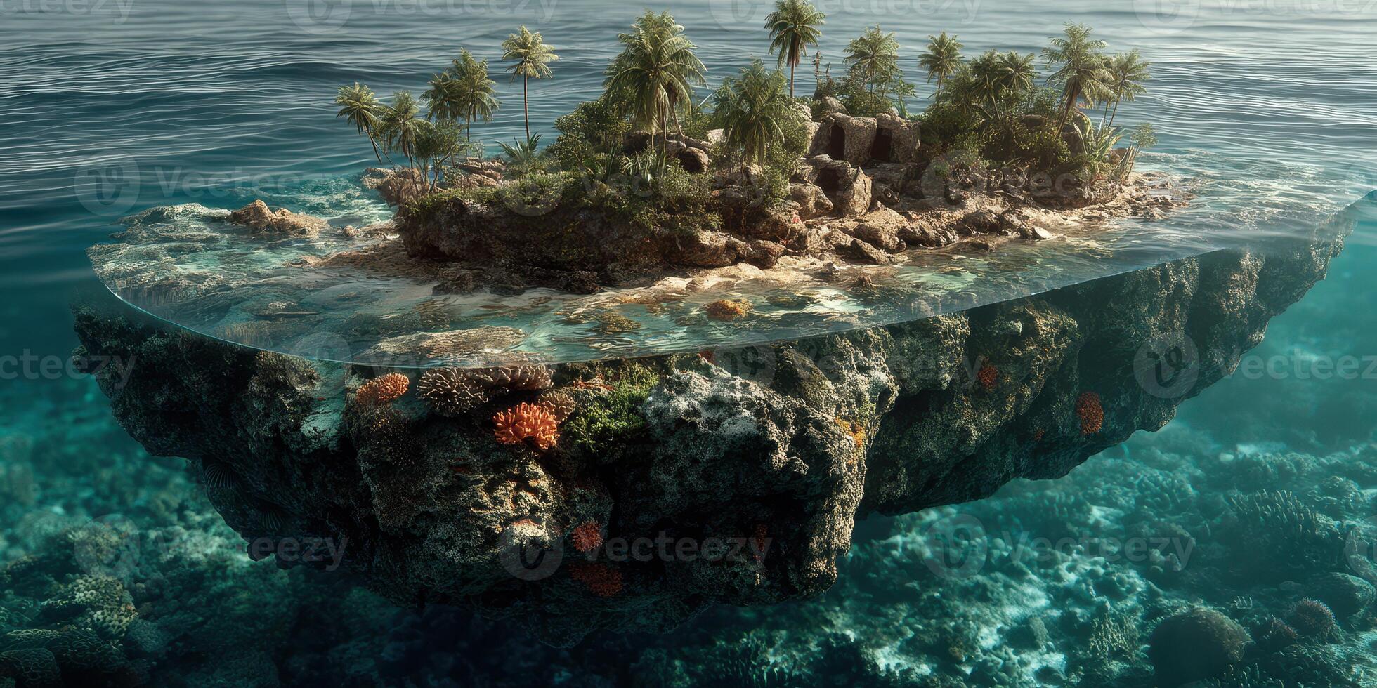 Floating tropical island with lush vegetation and vibrant coral in clear waters photo