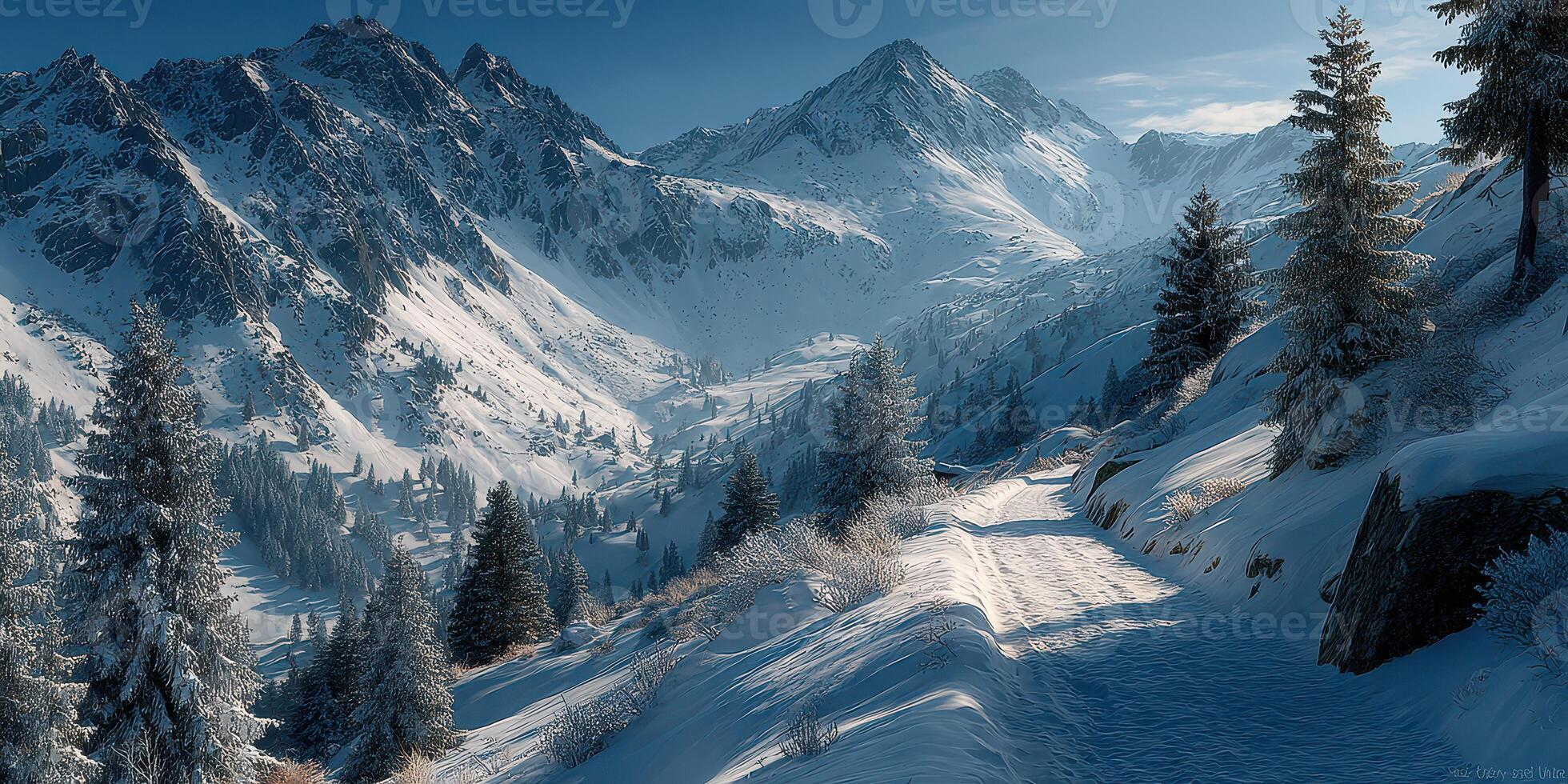 Snowy mountain landscape with winding path and towering peaks under clear blue sky photo