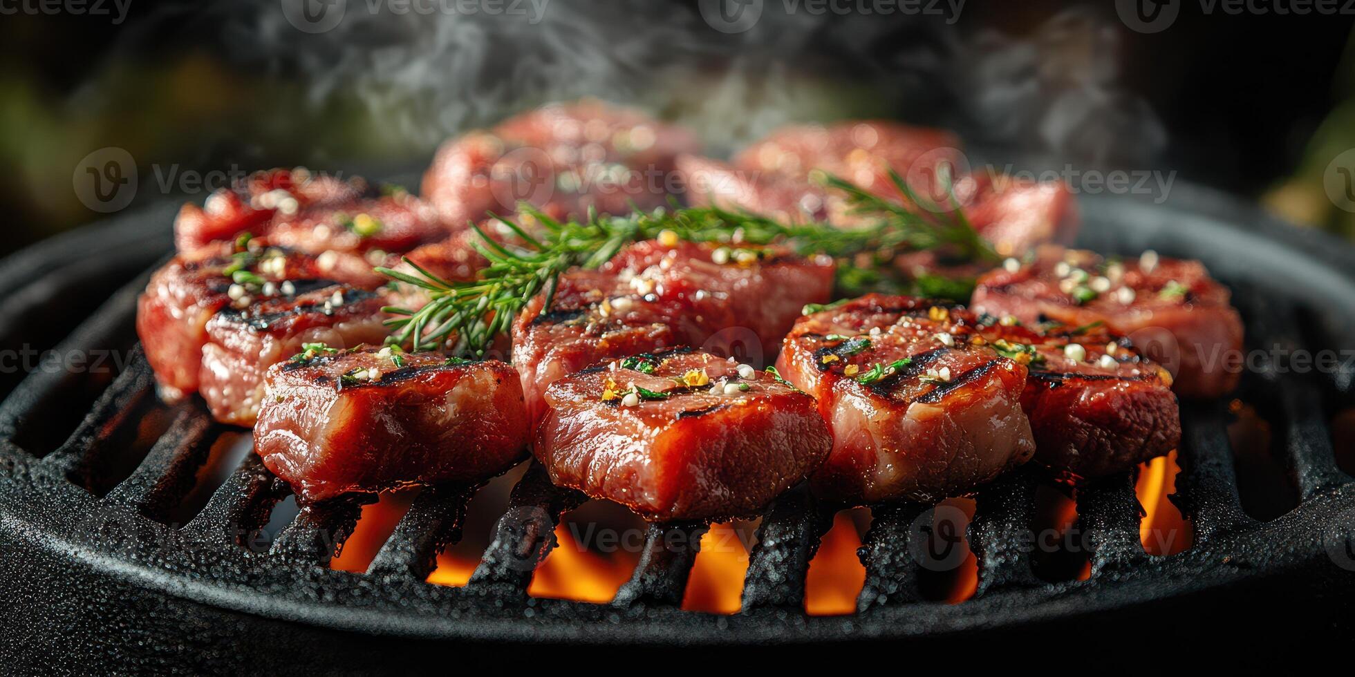 Juicy steak cuts sizzling on a grill with herbs in a backyard cookout setting photo