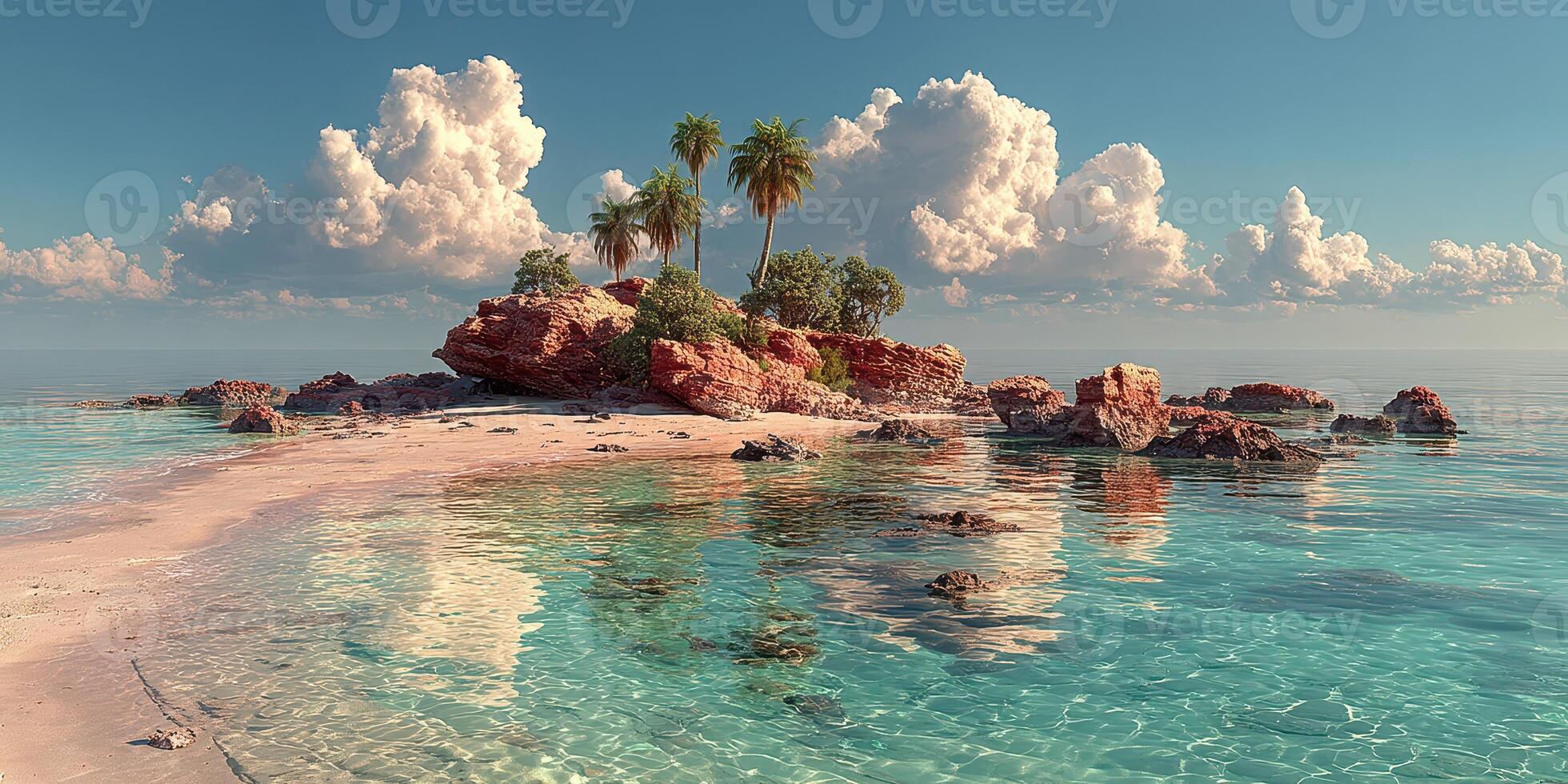 Serene tropical island with crystal clear waters and lush greenery under fluffy clouds at sunrise photo