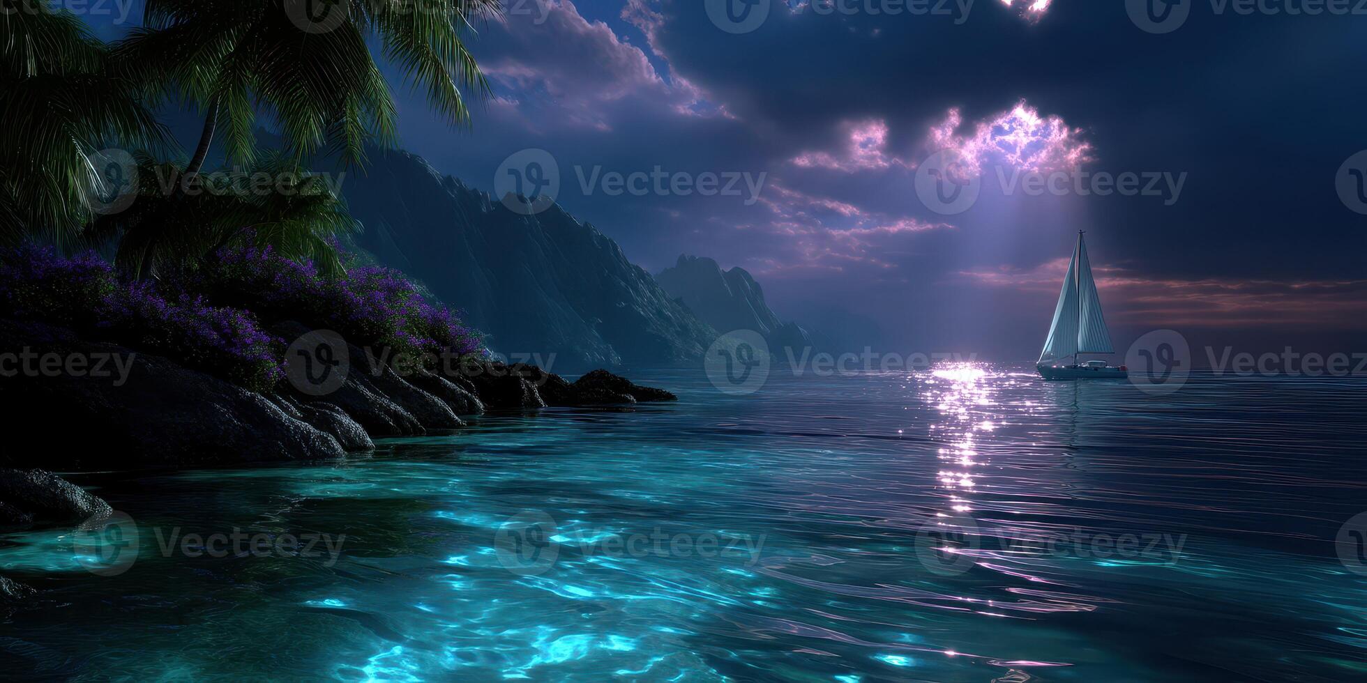 Sailing on tranquil waters at dusk with vibrant colors and serene landscape in a coastal setting photo