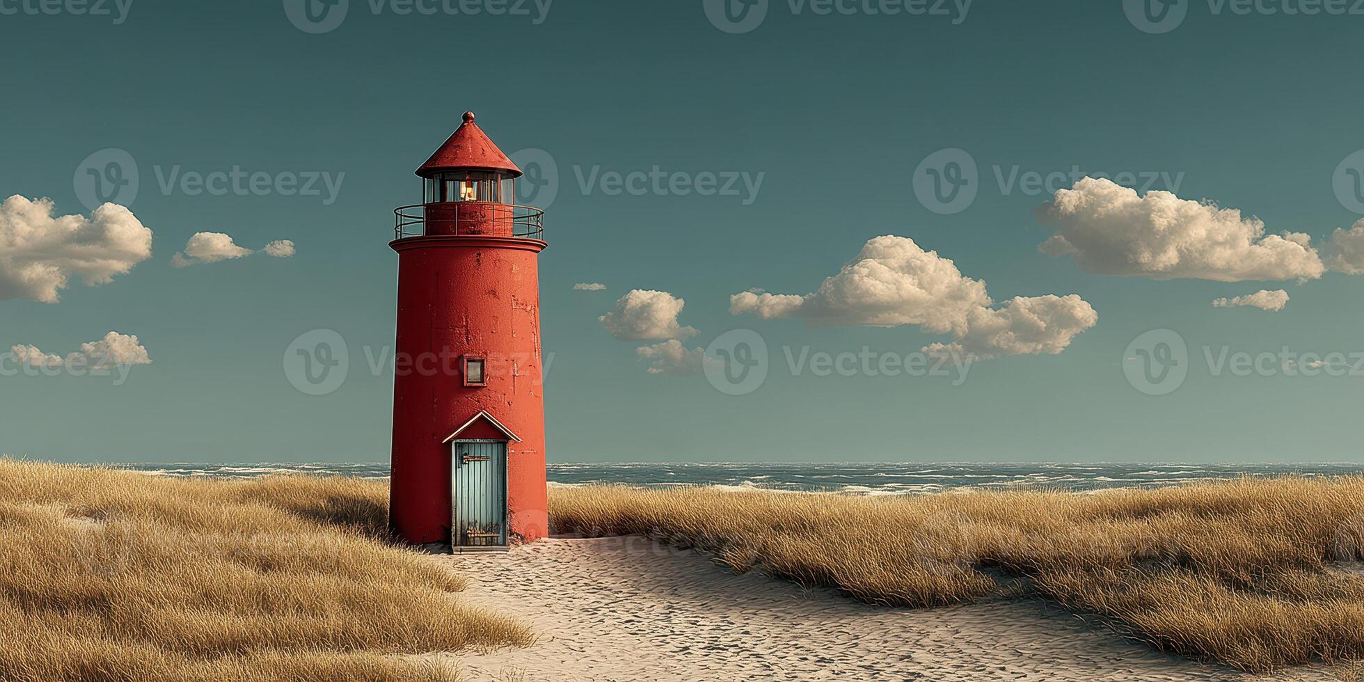 Lighthouse stands tall on sandy shore with gentle waves and fluffy clouds in background during serene afternoon photo