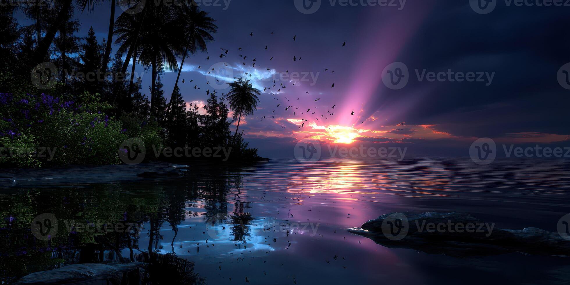 Stunning sunset over calm waters with silhouettes of trees and vibrant colors reflecting on the surface photo