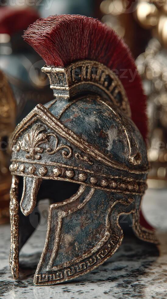 Ancient Roman gladiator helmet displayed in a historical collection at a museum photo