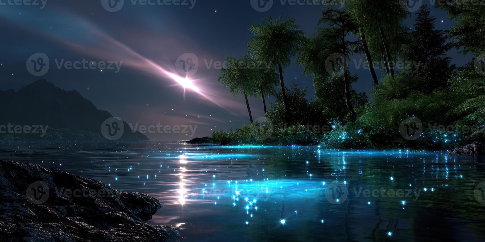 Beautiful bioluminescent glow over tranquil waters at night in a serene tropical location photo