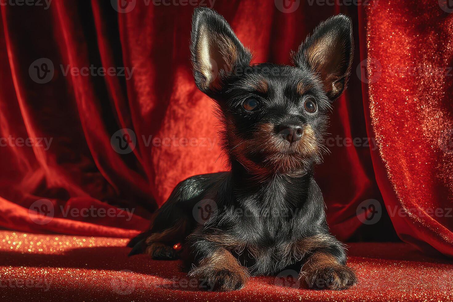 Cute small black and brown dog resting on an elegant red backdrop with sparkling texture during indoor photoshoot photo